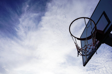 basketball hoop against blue sky