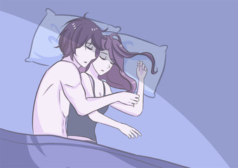 sweet couple cuddling sleeping in bed at night in side view relax position romantic warm touching felling vector illustration in anime cartoon style