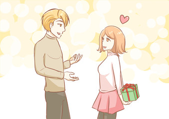 Couple in love woman hiding surprise gift in the sweet pastel snow fall vector illustration in concepts cute kawaii anime manga style relationship and christmas and valentine in love