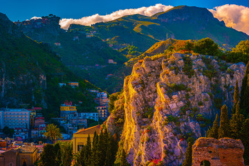A panoramic view of Taormina, Giardini Naxos and Mount Etna, in Sicily, Italy.