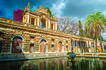Garden and Gallery of Grutescos in Alcazar of Seville, Spain