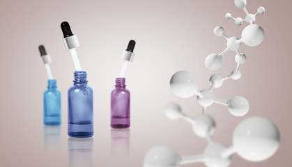 Three colorful bottle with cosmetics oil near white molecules chain.