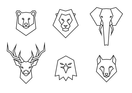 Set of polygon wild animals icons. Geometric heads of a bear, lion, elephant, deer, eagle and wolf. Linear style vector collection illustration.