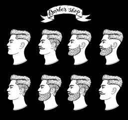 Sketch portraits of hipster man. Barber shop hand drawn vector illustration. Engraving label for barbershop. Hand drawn design elements.