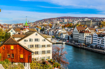 Embankment of Limmat river in Zurich, Switzerland.