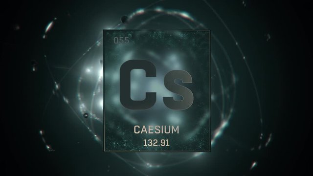 Cesium as Element 55 of the Periodic Table. Seamlessly looping 3D animation on green illuminated atom design background with orbiting electrons. Design shows name, atomic weight and element number