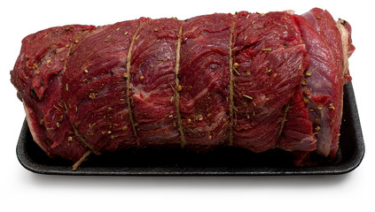 beef meat, roll in a tray, ready for sale