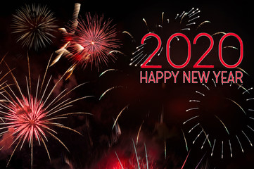 New year 2020 greeting card with red letters and fireworks