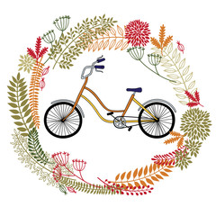 Fototapeta premium Card with a wreath from flowers and the bicycle.