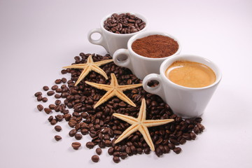 Three cups of coffee beans, powder and liquid - 304212040