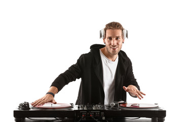 Male dj playing music on white background