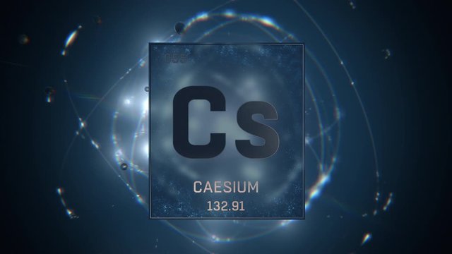 Cesium as Element 55 of the Periodic Table. Seamlessly looping 3D animation on blue illuminated atom design background with orbiting electrons. Design shows name, atomic weight and element number