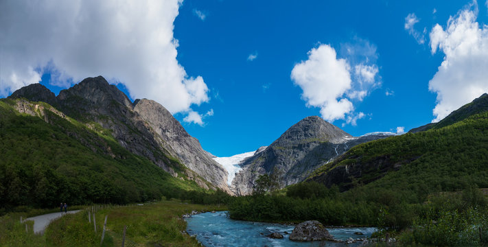 Briksdalsbreen is a glacier arm of Jostedalsbreen,Briksdalsbre Mountain Lodge,Norway. July 2019