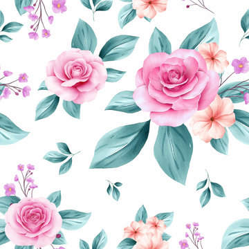 Delicate seamless pattern of blush and soft blue watercolor flowers arrangements on white background for fashion, print, textile, fabric, and card background