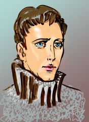 sketch of a portrait of a young blue-eyed man on a gray background.
