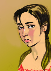 sketch of a portrait of a sad girl on a brown background.
