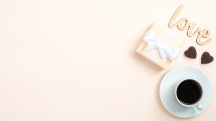 Coffee cup, heart shaped candy, gift, wooden sign 
