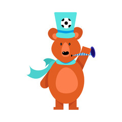 Cute brown bear football fan. Vector illustration isolated on white background