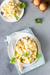 Healthy chicken salad with egg, apple and daikon. Keto diet. 