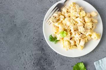 Healthy chicken salad with egg, apple and daikon. Keto diet. 