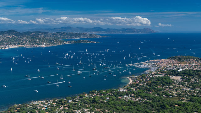 French Riviera - modern sail race with aerial view in St -Tropez full golf view