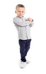 Portrait of cute little boy on white background