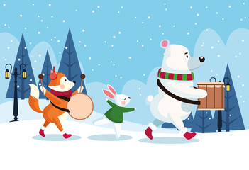 merry christmas card with animals playing instruments