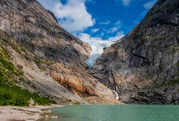 Briksdalsbreen is a glacier arm of Jostedalsbreen,Briksdalsbre Mountain Lodge,Norway. July 2019