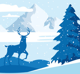 forest snowscape scene with deer silhouette