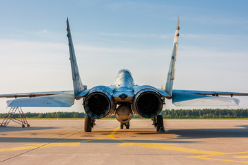 Parked jetfighter shown from the rear