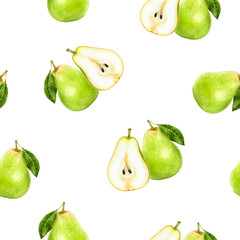 Pear fruit hand drawn watercolor illustration. Seamless pattern.