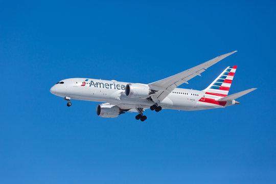 Chicago, USA - September 15, 2019: An American Airlines Boeing 787 aircraft landing at O'Hare International Airport.