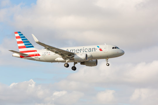 Chicago, USA - September 18, 2019: American Airlines Airbus 319 commercial jet landing at O'Hare International Airport.