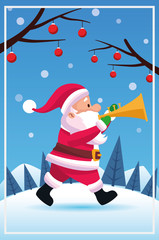 merry christmas card with santa claus playing trumpet