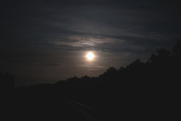 Naklejka na ściany i meble Full moon in the sky and empty road through the forest at deep night.