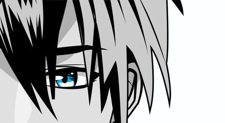 face young man monochrome anime style character - obrazy, fototapety, plakaty