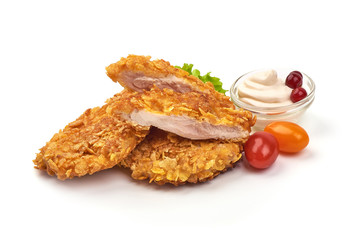 Fried Chicken strips in breadcrumbs, isolated on white background