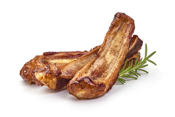 Grilled pork ribs, roasted meat with rosemary, isolated on white background