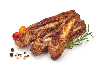 Grilled pork ribs, roasted meat with rosemary, isolated on white background