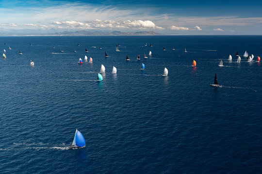 French Riviera - modern sail race large panorama above aerial view in St -Tropez