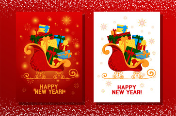 New Year card with sleigh, gifts and snowflakes. Vector illustration, christmas card, poster. New Year gifts