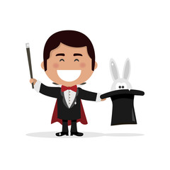 Isolated boy dressed as a magician illusionist. Vector illustration
