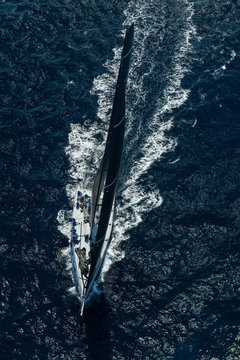 French Riviera - modern sail race straight above aerial with speed view in St -Tropez