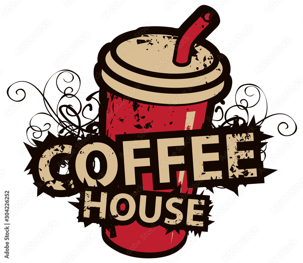 Poster vector image with a disposable paper coffee cup with straw and lettering on a light background in gr