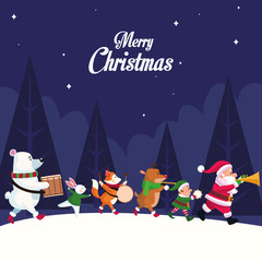 merry christmas card with characters playing instruments