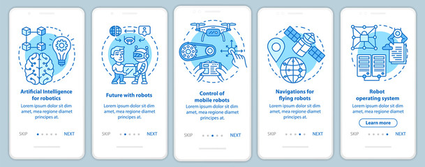 Fototapeta na wymiar Robotics courses onboarding mobile app page screen vector template. Learning robot control. Walkthrough website steps with linear illustrations. UX, UI, GUI smartphone interface concept