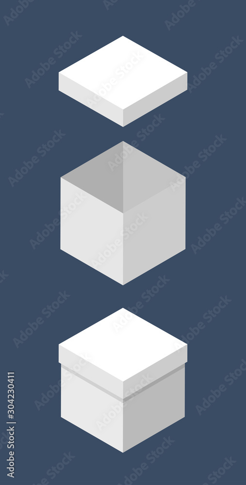 Poster set of open and closed boxes. white cardboard box isometric projection. vector illustration isolated