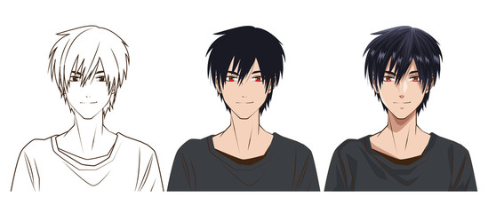 Naklejka premium drawing process of young man anime style character
