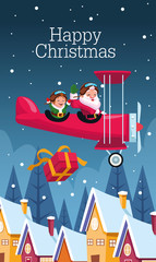merry christmas card with santa claus and elf in airplane