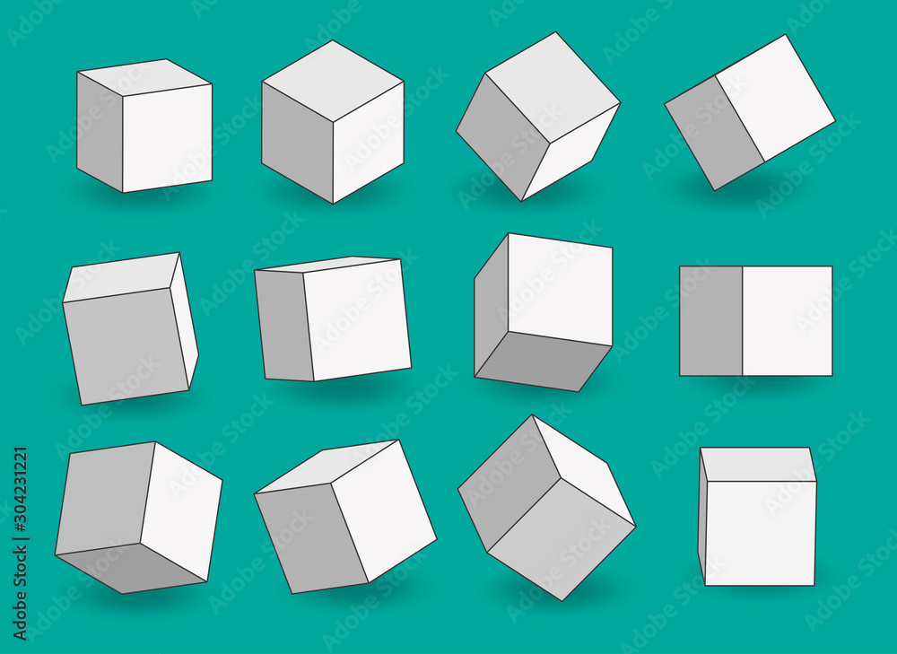 Poster set of white vector cartoon 3d cubes. cube outline icons in a perspective. geometric blocks with sha